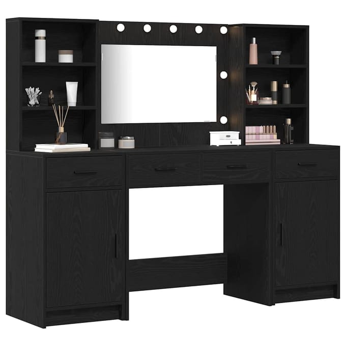 vidaXL - Dressing - tafel - set - met - LED - 3 - st - Zwart - Eiken - Bewerkt - hout