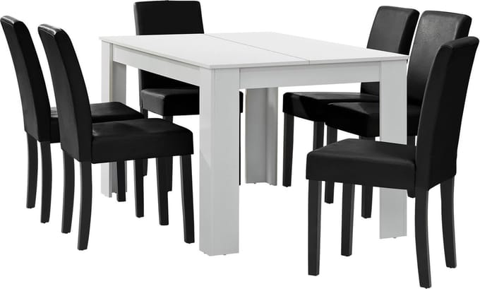 Eetkamerset Nora eethoek 7-delig tafel en stoelen wit en zwart