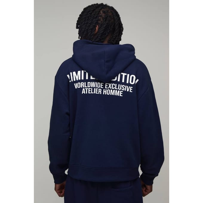 Tall Oversized Boxy Limited Edition Zip Through Hoodie | Navy | Size Medium