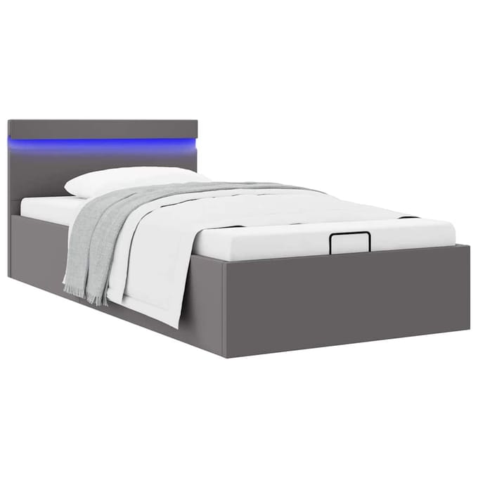 vidaXL - Bedframe - met - opslag - hydraulisch - LED - kunstleer - grijs - 90x200 - cm