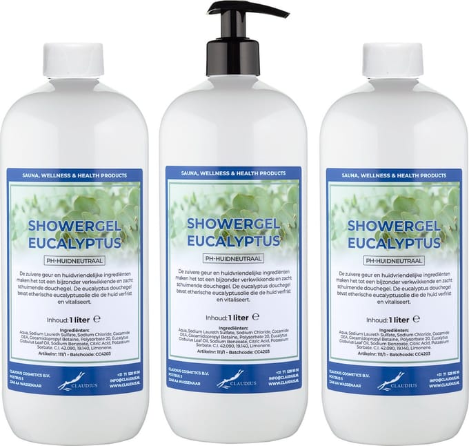 Douchegel Eucalyptus 1 liter - set van 3 stuks - met gratis pomp - Showergel