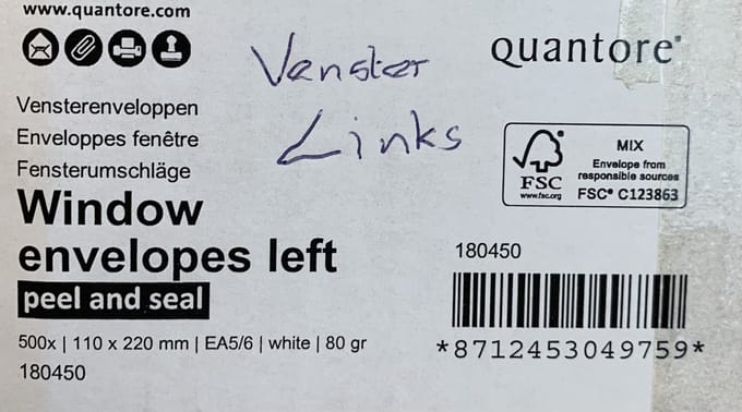 Envelop Quantore 110x220mm venster 4x11cm links zelfkl 500st