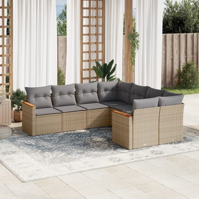 vidaXL - 8-delige - Loungeset - met - kussens - poly - rattan - gemengd - beige