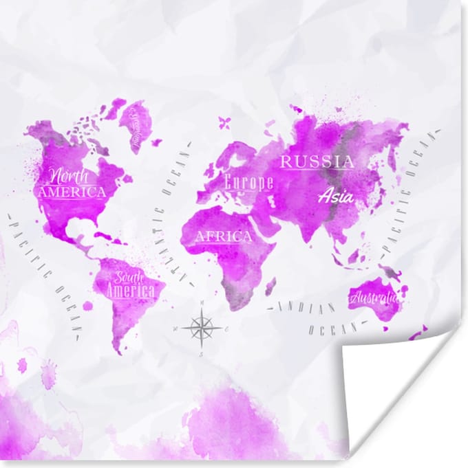 Poster Wereldkaart - Roze - Abstract - 30x30 cm