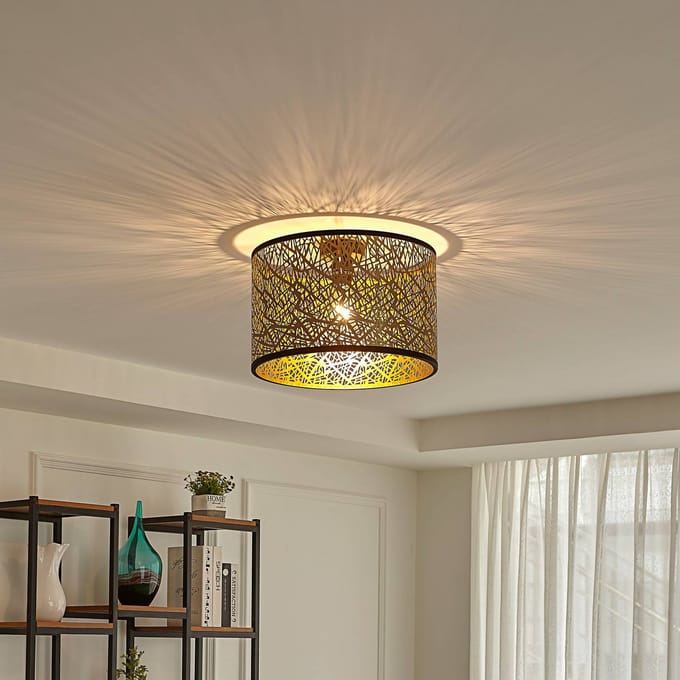 Lindby - plafondlamp - 1licht - Stof, metaal - H: 27 cm - E27 - goud, zwart