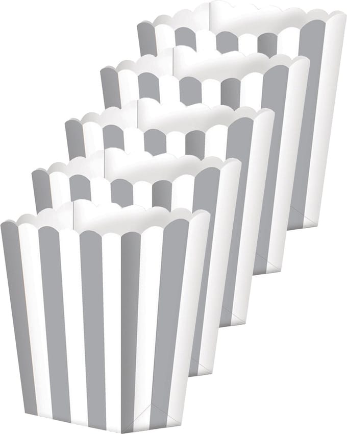 Amscan Popcorn/snoep bakjes - 15x - zilver gestreept - karton - 6 x 13 x 4 cm - feest uitdeel bakjes