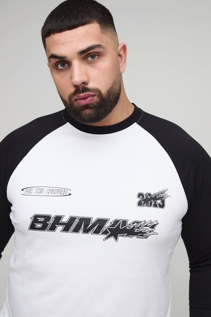 Plus Regular Fit Moto Graphic Long Sleeve Raglan T-Shirt | Black | Size 2XL
