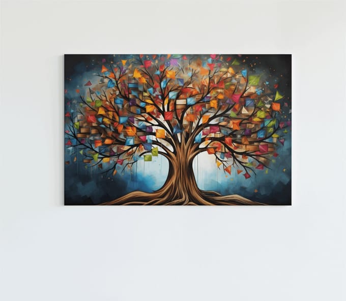 Canvas Schilderij – Kleurrijke Levensboom – Abstracte Boomkunst – 90x60x2 cm