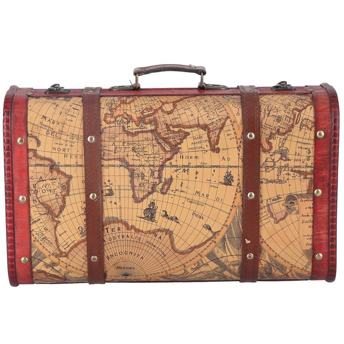 Valise vintage portable en bois composite avec motif de carte, coffre de rangement vintage beige