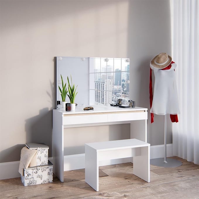 Witte Kaptafel 120 cm met Spiegel, LED Verlichting en Zitbank
