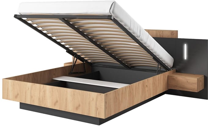 Vente-unique Bed met opbergruimte hout antracietgrijs, natuurlijk licht 140 x 190 cm