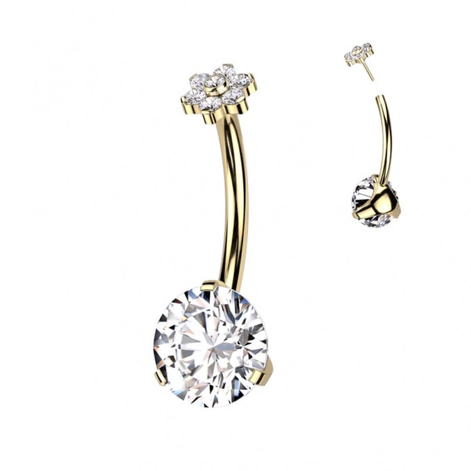 Navelpiercing titanium steen met bloem top goud kleur - LMPiercings