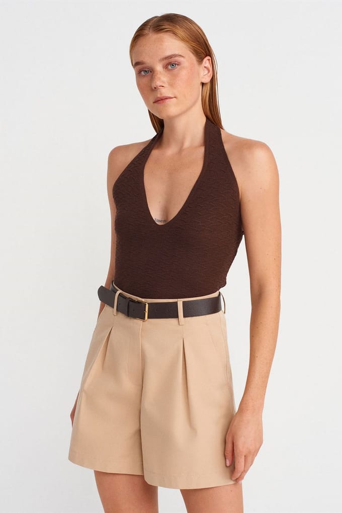 Geribde Halterneck Gebreide Blouse