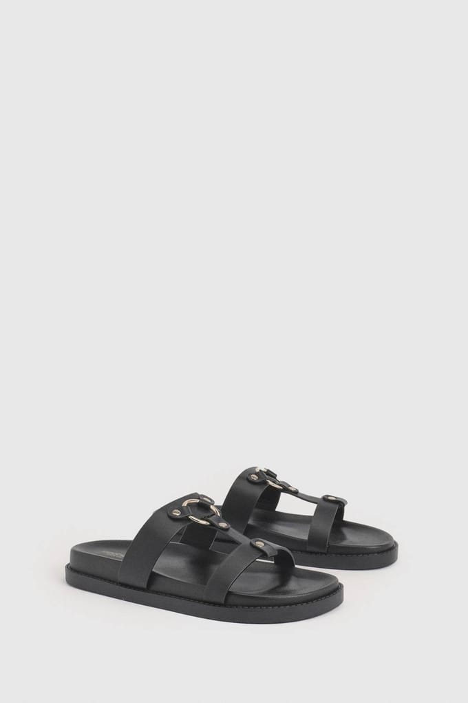 boohoo Dames Brede Pasvorm T-bar Chunky Sandalen | Zwart | Maat: 36