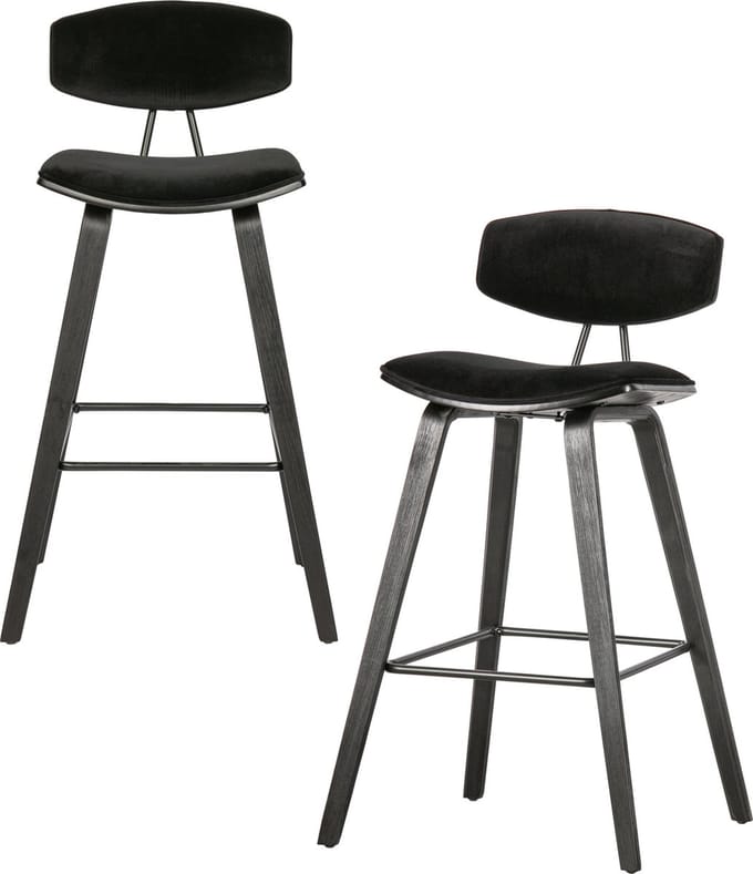 WOOOD Senn Barstoelen - Fluweel - Zwart - Set van 2