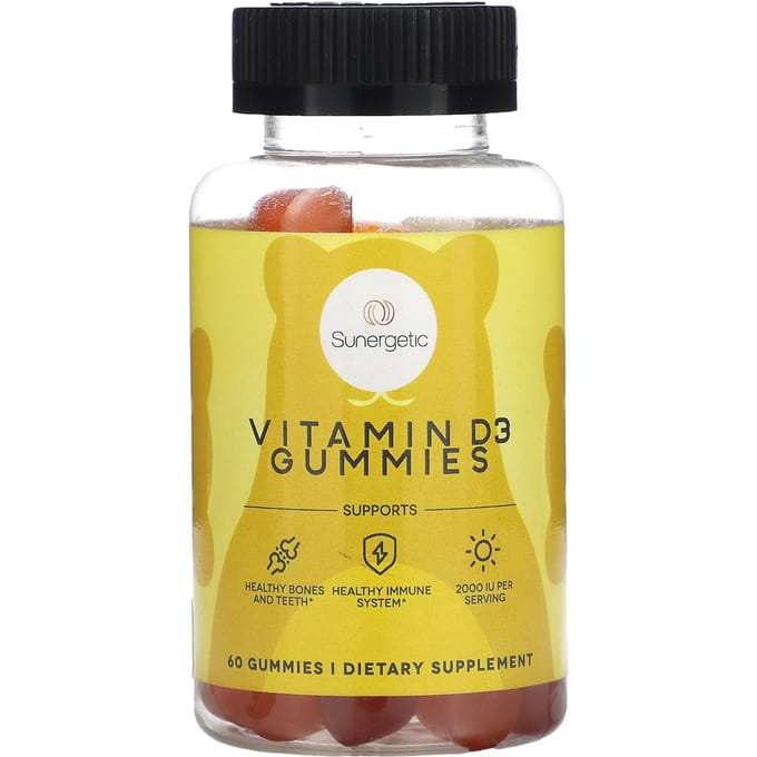 Sunergetic, gummies de vitamine D3, fraise, pêche et mangue, 60 gummies