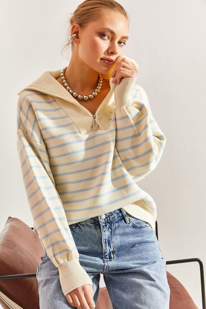 Gestreepte Boxy Crop Trui met Ritskraag