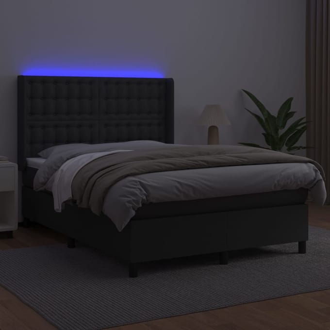 vidaXL - Boxspring - met - matras - en - LED - kunstleer - zwart - 140x200 - cm
