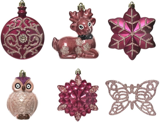 KAEMING B.V. - 20 roze kersthangers met glitter en vlinders 7 cm