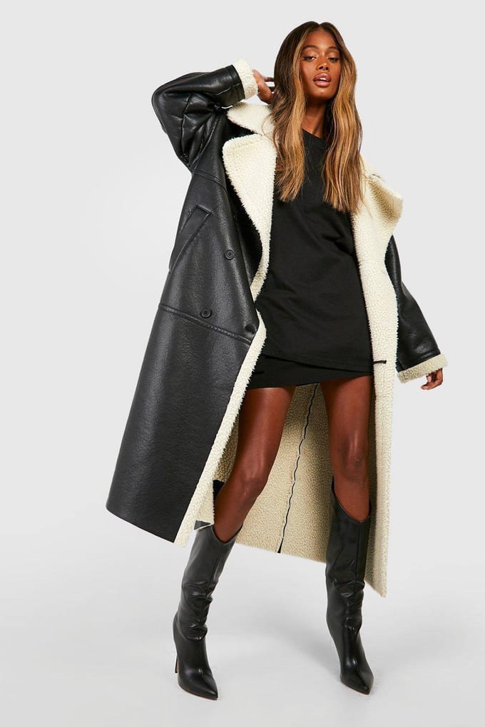 boohoo Dames Borg Trim Maxi Aviator Coat | Black | Maat: 14