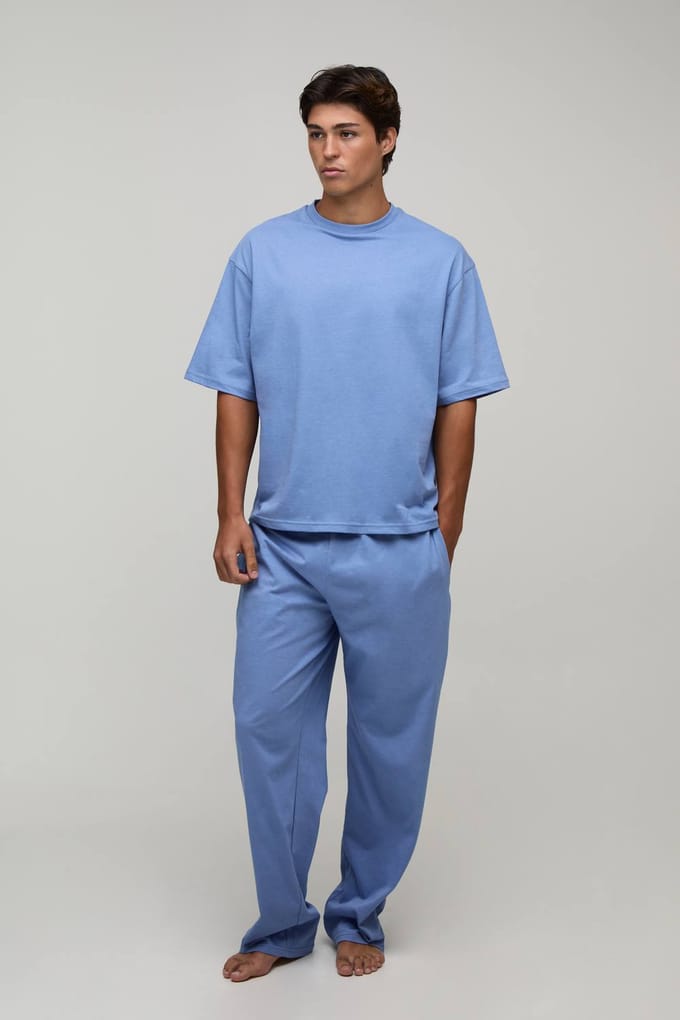 Heren Loungewear Oversized T-shirt En Straight Leg Lounge Set | Blue | Size Medium