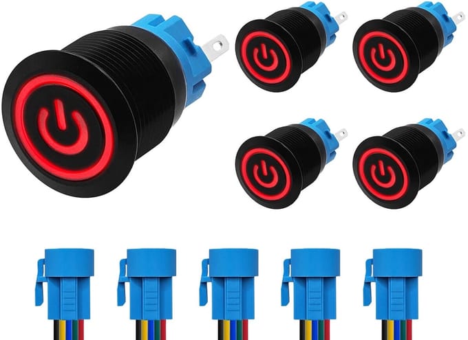 ProRide Drukschakelaar ON-OFF 220V - 19mm Metaal - Waterdicht - LED Rood - Met Kabels - 5 stuks