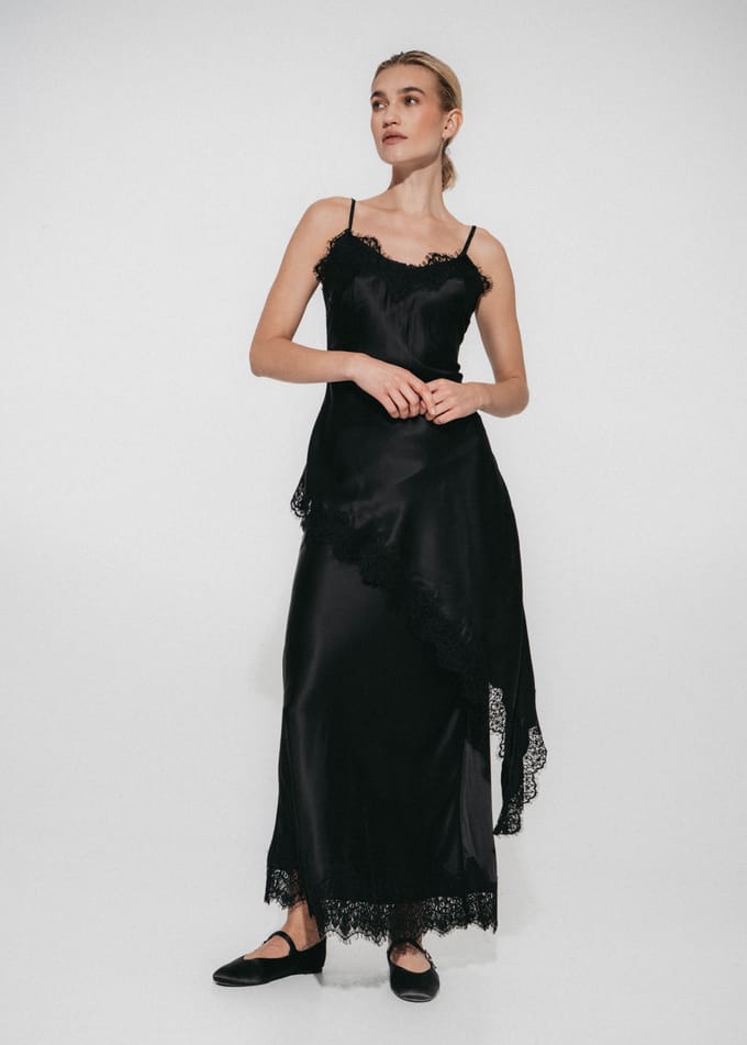 Esra silk skirt whit lace trim | Black - Black / S