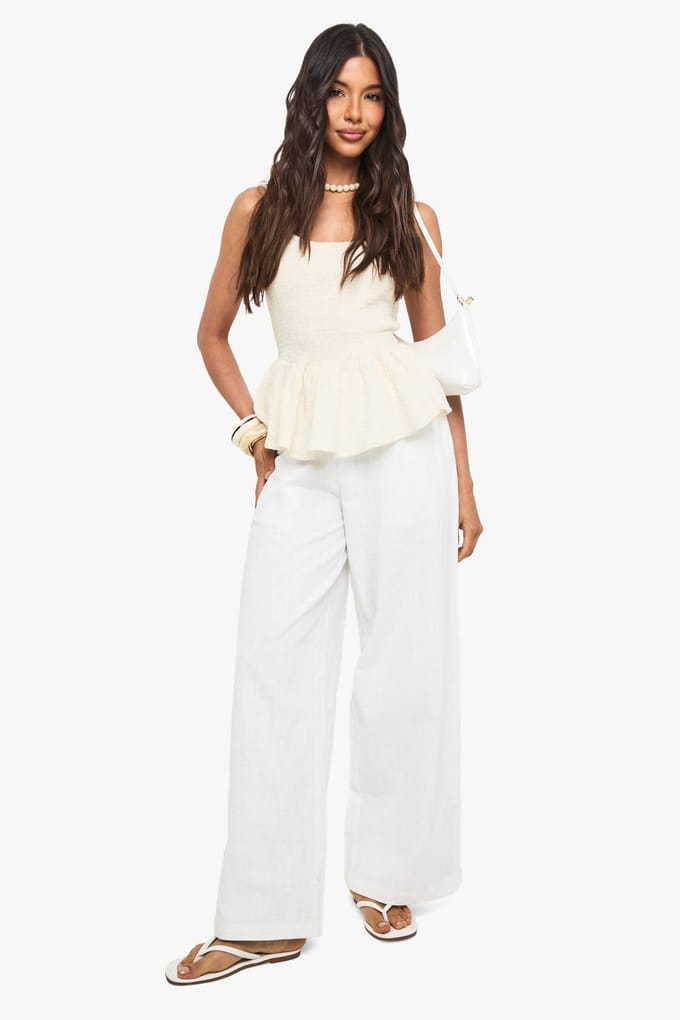 boohoo Dames Crinkle Cotton Shirred Peplum Cami | Creme | Maat: 38