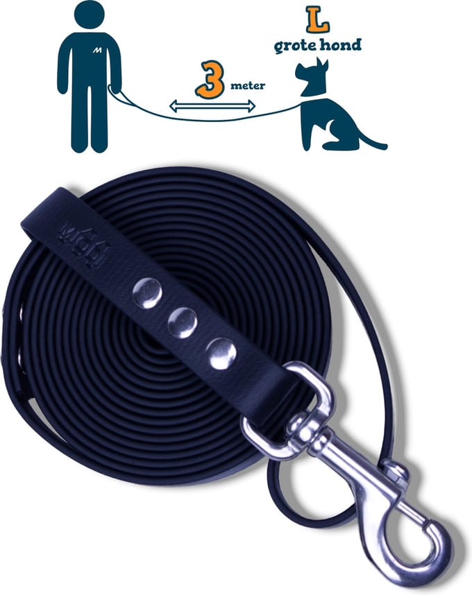Miqdi hondenriem – BioThane® - zwart – 3 meter lang – 19mm breed – L/XL - grote hond