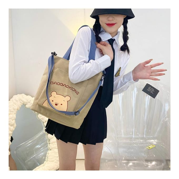 Sac à main pour femme Mode Ours Sac en toile Sac à bandoulière décontracté Sac à main grande capacité Bandoulière 30*12*34cm blanc