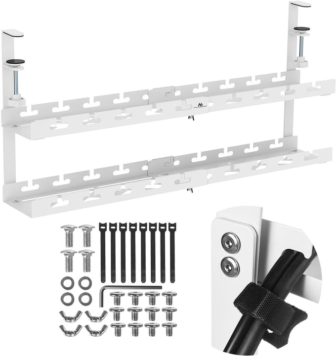 Maclean kabelopbergsysteem voor onder het bureau - Kabelgoot - max. belasting 5kg, max. 728 mm, 2 niveaus, wit, MC-102 W