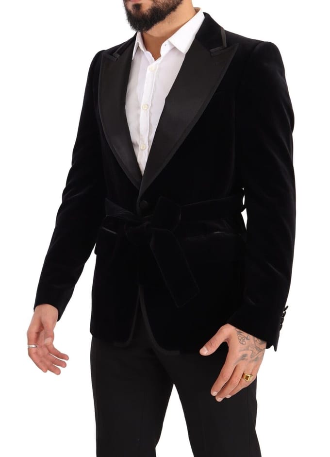 Dolce & Gabbana Heren Zwarte Fluwelen Enkelgeknoopte Effen Blazer