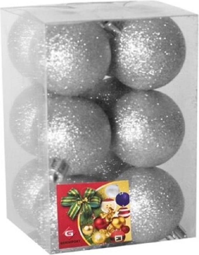Gerimport Kerstballen - 12x stuks - zilver - kunststof - glitters - D6 cm