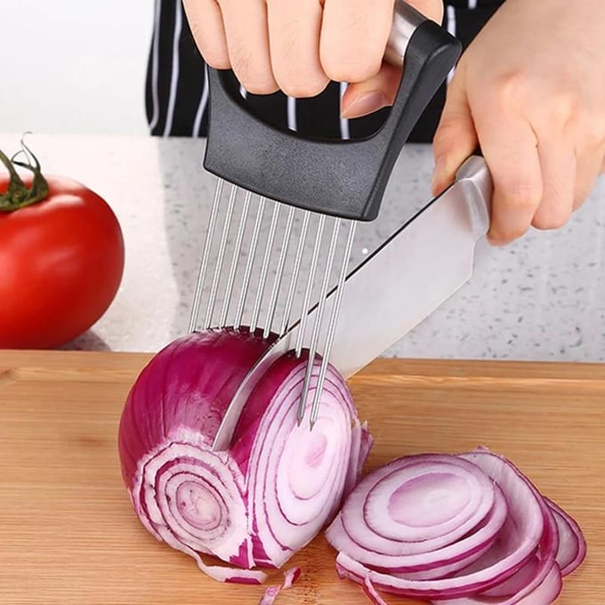 Support de coupe d'oignon en acier inoxydable, trancheur d'aliments, Assistant de coupe d'oignon de tomate, fourchette de coupe de légumes, Gadgets de cuisine noir