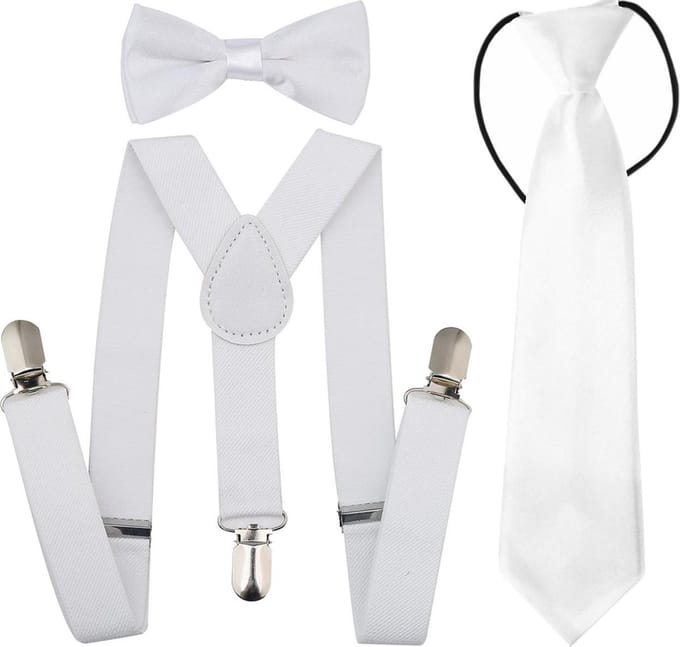 Fako Fashion - Kinder Bretels, Vlinderstrik & Stropdas - Set - Wit