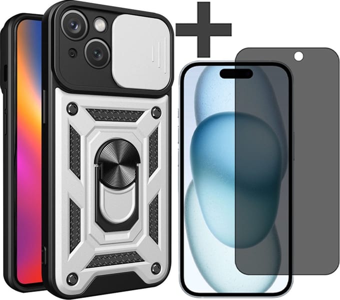 Hoesje met Privacy screenprotector Geschikt voor iPhone 15 Plus met Ringhouder en Camera schuifje - Arara backcover - Zilver