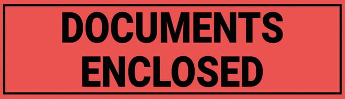 Documents enclosed sticker, oranje zwart 300 x 75 mm
