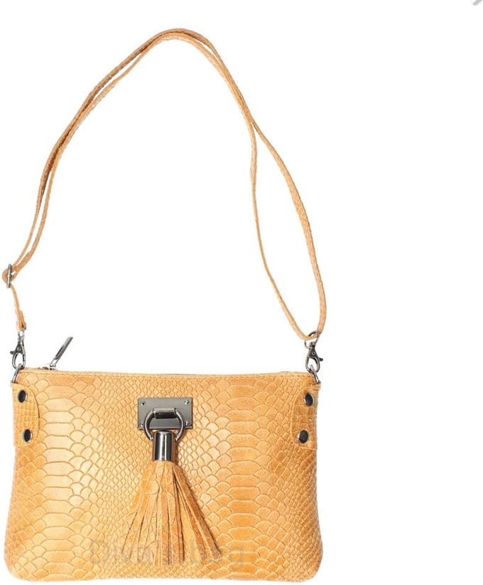 Leuke 100% leren crutch tas - pythonprint - franje - ritssluiting - schouderband - COGNAC