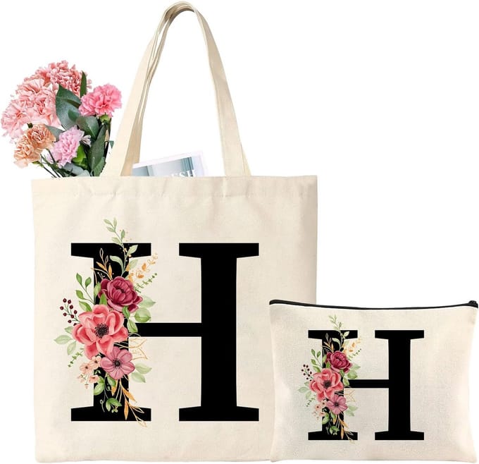 Grote Canvas Shopper Tas met Initiaal en Make-up Tasje - Herbruikbare Boodschappentas