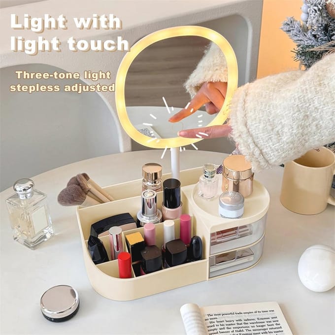 Make-up organizer met spiegel en verlichting - Multifunctionele cosmetica-opslag met 2 laden