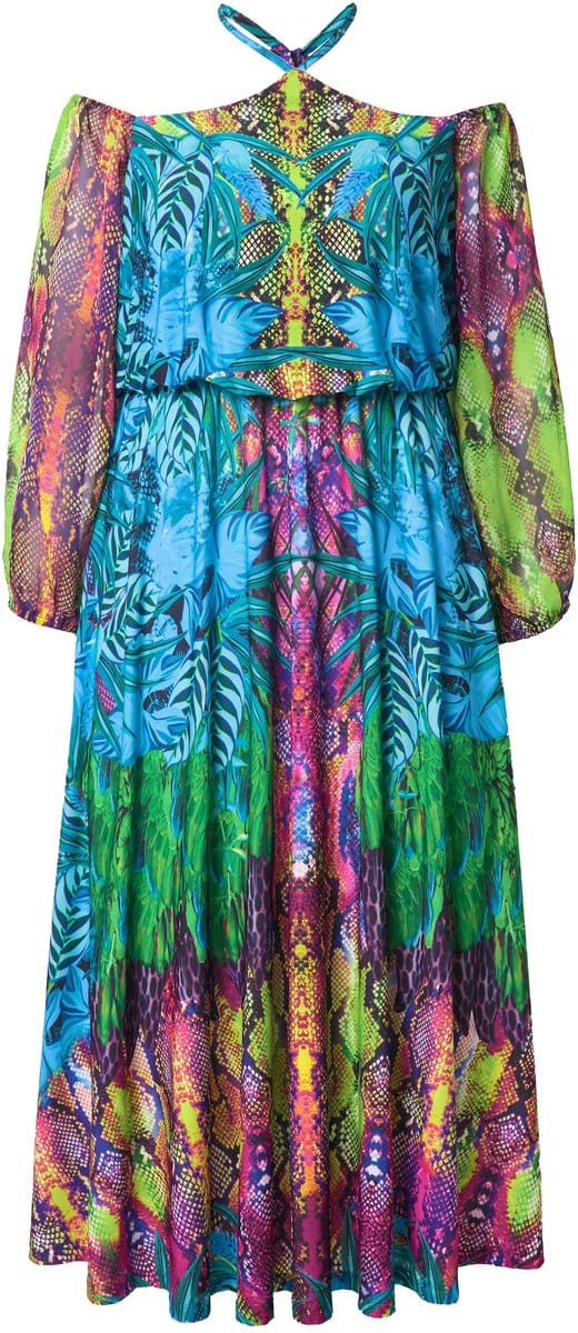 Ulla Popken - Dames - Offshoulder maxi-jurk chiffon opaque onderjurk - Zwart - Maat 54