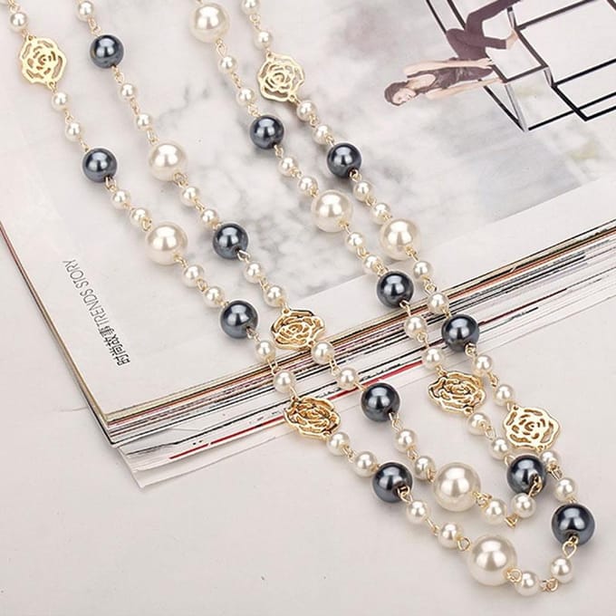 Beroemde Camelia Parel Lange Ketting Voor Vrouwen Dubbele Laag collane lunghe donna Roos Bloem Truiketting Ketting gray