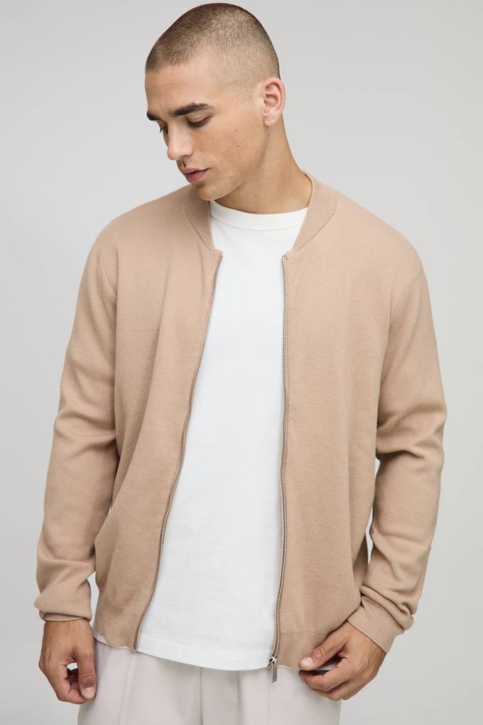 Regular Fit Smart Knitted Bomber Jacket | Taupe | Size Small