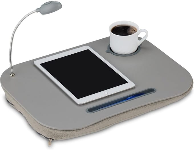 Famanu - Laptopkussen met LED-licht en bekerhouder – compact en draagbaar – grijs