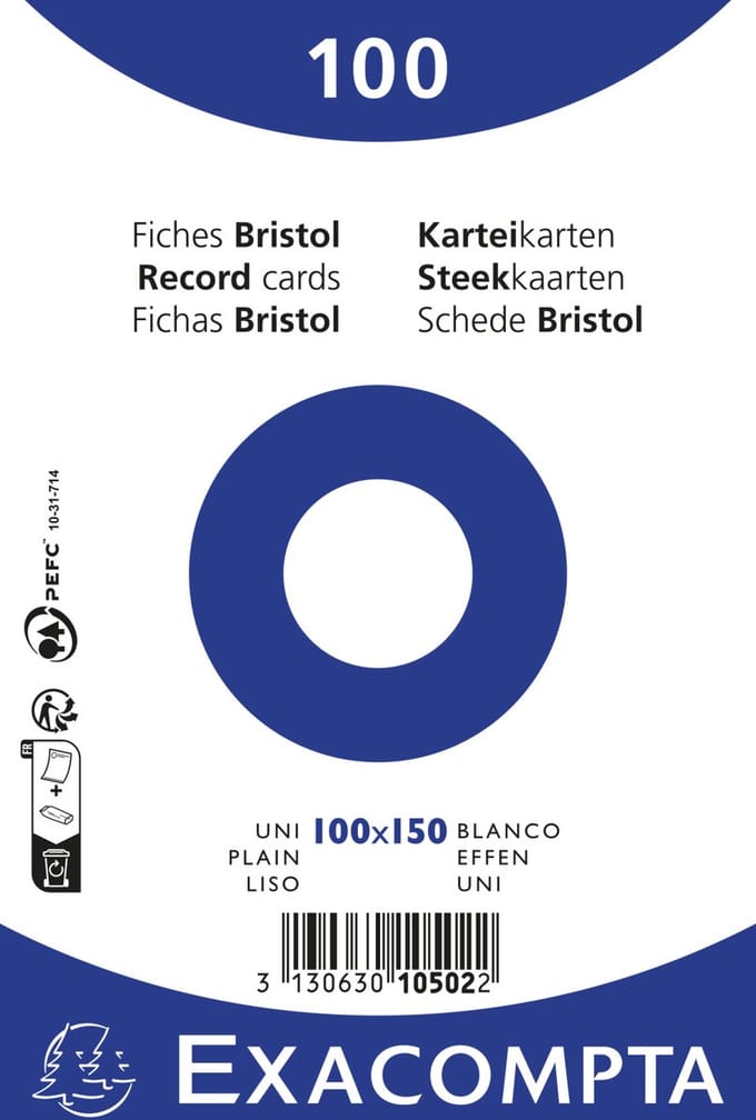 Exacompta 20x Pak 100 steekkaarten bristol in folie - effen niet geperforeerd 100x150mm - Wit - 10502E