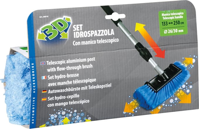 3D telescoop borstel set – telescoopstang 133-250 cm, Ø 30 mm (schroef) – wasborstel 30×16 cm – quickfit wateraansluiting