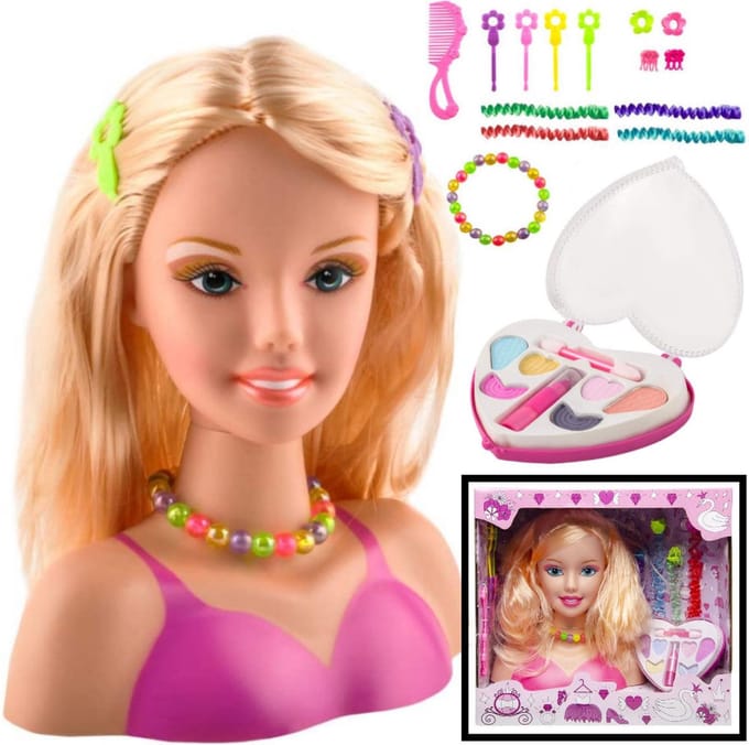 Make-up Pop Kaphoofd - Speelgoed Kappop - Opmaakpop met haar accessoires voor Kinderen - Stylinghoofd - Blond Haar - Schminkpop zonder Makeup - Kaphoofd voor Meisjes