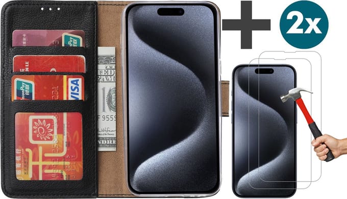Hoesje met 2 Stuks Screenprotectors Geschikt voor iPhone 15 Pro Max – Arara bookcase met pasjeshouder - Zwart
