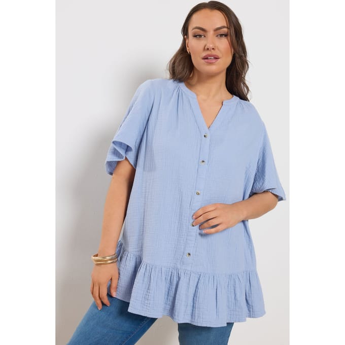 Yours Blauwe Mousseline Top Met Knoopsluiting Size 44