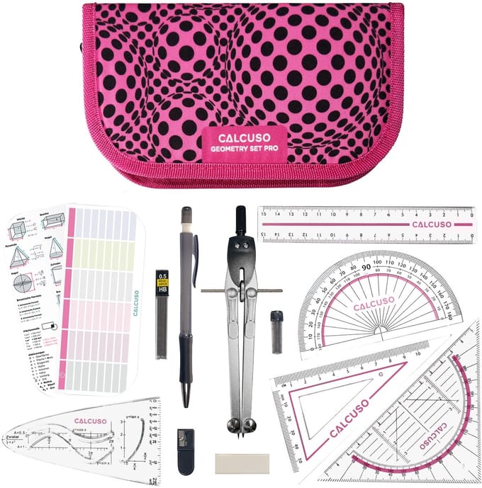 Geodriehoeken & Passer Set – Rosa etui met liniaal, gum, sjabloon en formules